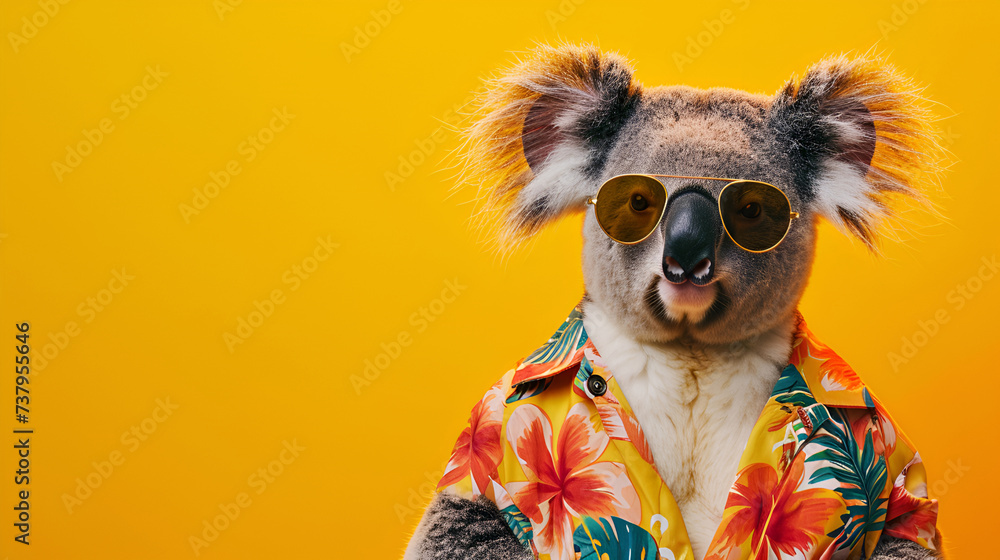 Humanized Koala in Hawaiian shirt and sunglasses isolated on bright background.  Advertisement, copy space, banner. Creative animals portrait. Concept of vacation in resort, tourism. AI Generative