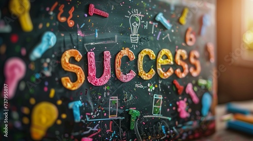 a chalkboard with the word success on it with colorful objects and symbols, 