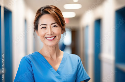 Middle aged Asian female doctor in blue scrubs, smiling looking in camera, Portrait of woman medic professional, hospital physician, confident practitioner or surgeon at work. blurred background