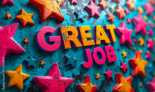 Colorful stars bursting out with the words GREAT JOB in bold, celebrating achievement, success, praise, or a job well done in a vibrant, congratulatory graphic