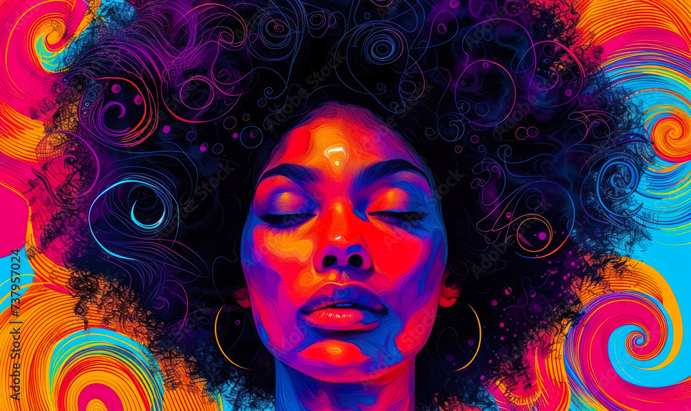 Vibrant Pop Art Illustration of a Woman with Afro Hair Embracing the Bold Colors and Energetic Patterns of Retro and Modern Fusion
