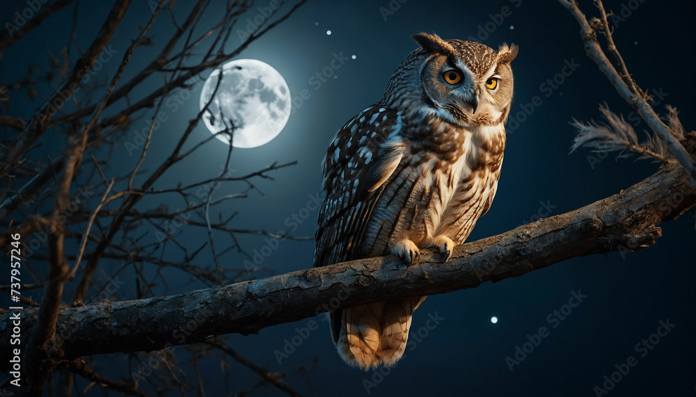 Beauty of an owl perched on a branch against the backdrop of a full moon, its feathers softly glowing in the moonlight, conveying both the mystery and tranquility of the nocturnal world Beauty of an owl perched on a branch against the backdrop of a full moon, its feathers softly glowing in the moonlight, conveying both the mystery and tranquility of the nocturnal world