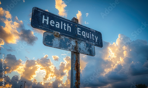 Health Equity written in white on a weathered black street sign against a dynamic sky with contrasting clouds photo