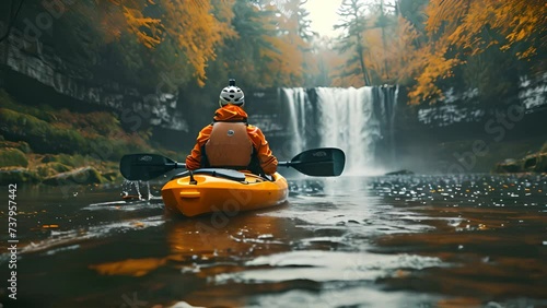 a young man kayaking to a water fall river near the forest adventure concept photo