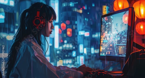 Anime Girl concept, woman with headset on a desktop computer