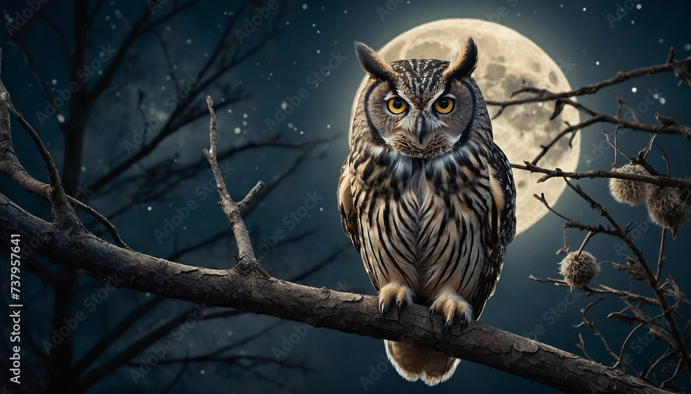 Beauty of an owl perched on a branch against the backdrop of a full moon, its feathers softly glowing in the moonlight, conveying both the mystery and tranquility of the nocturnal world Beauty of an owl perched on a branch against the backdrop of a full moon, its feathers softly glowing in the moonlight, conveying both the mystery and tranquility of the nocturnal world