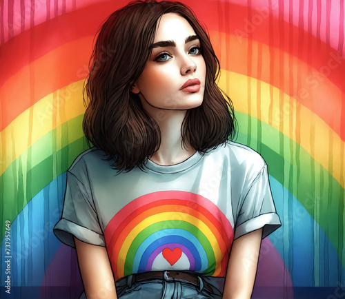 Watercolor illustration of a young woman wearing a t-shirt with a rainbow and a heart, sitting in front of a painted rainbow. Pride month concept. LGBTQIA2S youth concept. photo