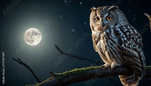 Beauty of an owl perched on a branch against the backdrop of a full moon, its feathers softly glowing in the moonlight, conveying both the mystery and tranquility of the nocturnal world © mdaktaruzzaman