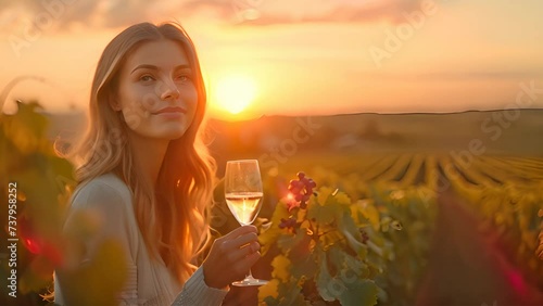 Woman holding wine glass on vine grape in champagne vineyards background photo