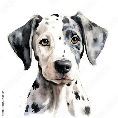 Dalmatian puppy portrait on a white background. Cute digital watercolour for dog lovers. © Rixie