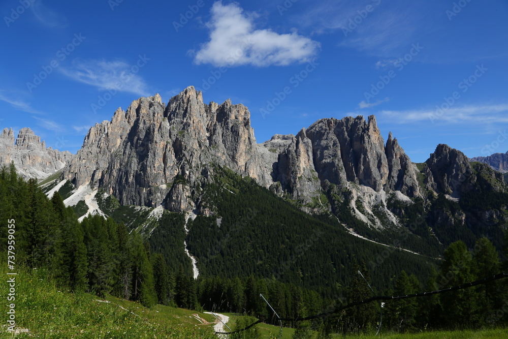 Fototapeta premium Summer view of Larsec mountain and Ciampedie, Val di Fassa in the Dolomiti, Dolomites, Trentino Alto Adige, Sudtirol, South Tyrol, Italy.