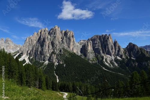 Summer view of Larsec mountain and Ciampedie, Val di Fassa in the Dolomiti, Dolomites, Trentino Alto Adige, Sudtirol, South Tyrol, Italy.