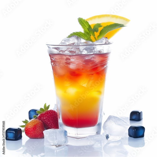 a single  colourful summer cocktail   isolated on white background with ice cubes surrounding it