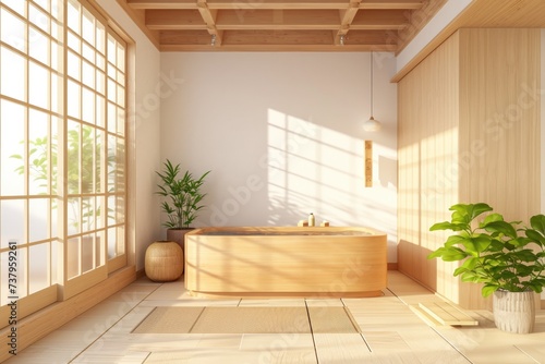 Sunlit Wooden Japanese Bathroom with Lush Greenery.