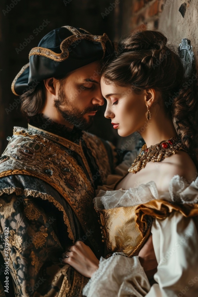 Renaissance Couple in Intimate Embrace with Authentic Costumes.