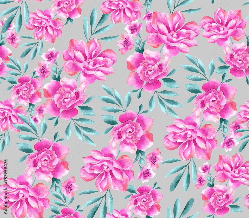 Watercolor flowers pattern, pink tropical flowers, green leaves, gray background, seamless