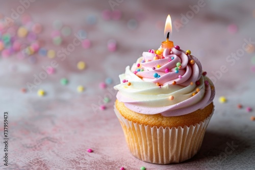 Colorful birthday cupcake with a single lit candle and sprinkles, selective focus.