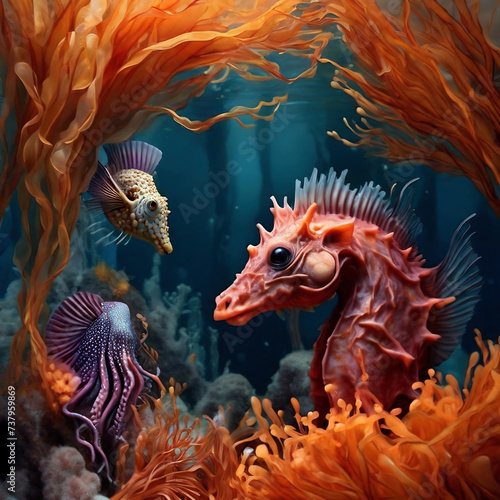 Dreamlike view of Seahorse among vibrant orange coral reef, fish and octopus underwater. Underwater world. 3d rendering
