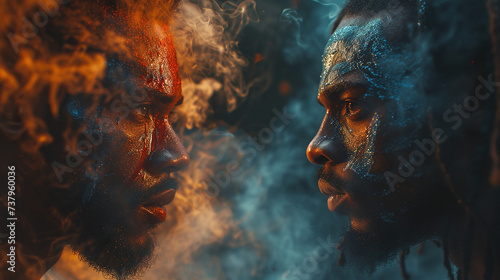 two rugby players face off in fire, in the style of soft-focus portraits, photo-realistic landscapes, close up, post-apocalyptic backdrops- head to head - Ai
