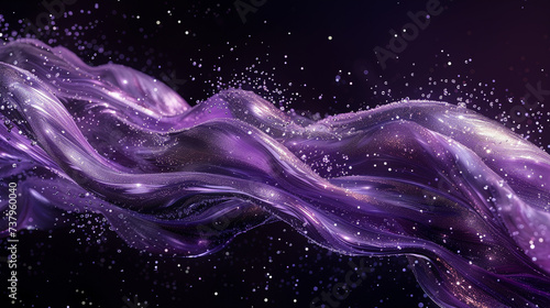 Opulent ribbons of glistening silver and deep amethyst intertwining in water, crafting an intricate and luxurious abstract design against a backdrop of cosmic black.