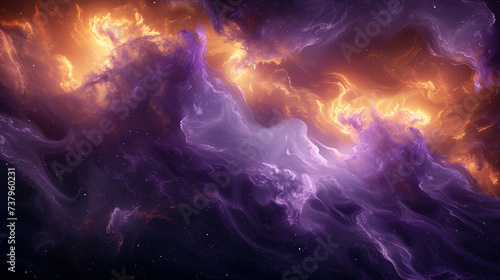 Whirls of ethereal lavender and sunlit amber converging in water, forming a tranquil and sophisticated abstract tableau against a backdrop of deep cosmic black.