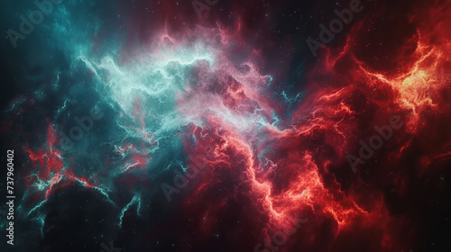 Cosmic currents of fiery vermilion and oceanic turquoise blending seamlessly, creating a vibrant and dynamic abstract display on a canvas painted in mysterious cosmic black.