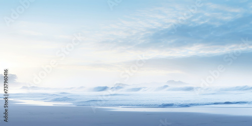 Serene ocean coastline with white mist. Tranquil landscape. Generative AI © AngrySun