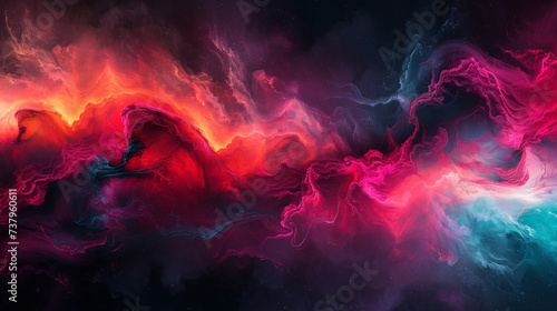 Dynamic sweeps of fiery vermilion and midnight teal blending seamlessly, creating a vibrant and energetic abstract display on a canvas painted in deep cosmic black.