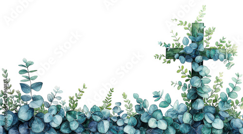 Christianity cross of green eucalyptus leaves on white background. Watercolor illustration photo