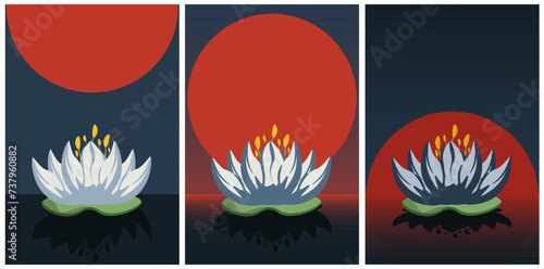 Artwork with Lotus on Sunset background. Sacred plant of India. Beauty Summer Flower. Water lily in the lake. Vector illustration can used web design. EPS 10