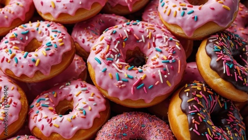 Delicious donuts with pink glaze and sprinkles on top