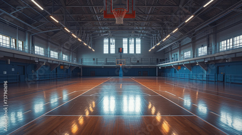 Spacious bright gymnasium with basketball court at school or university. Student involvement in sports activities.