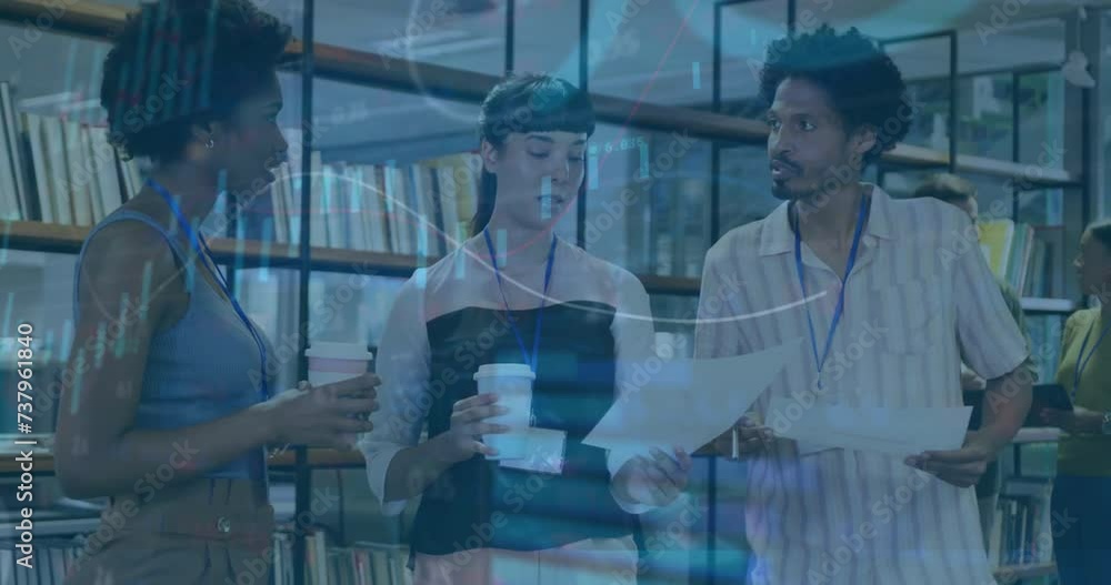 Animation of financial data processing over diverse business people in office Animation of financial data processing over diverse business people in office