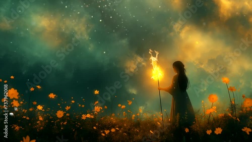 Woman with torchlight in the meadow. Seamless looping time-lapse 4k video animation background photo