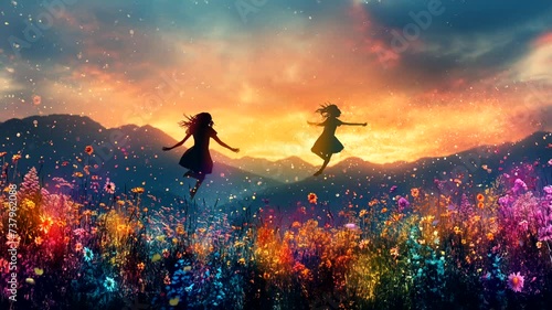 Silhouette of children playing on the meadow at sunset. Seamless looping time-lapse 4k video animation background