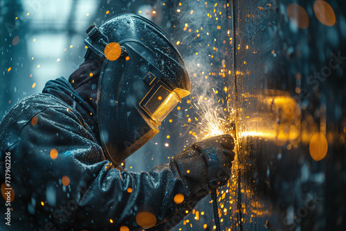 Metal welding steel works using electric arc welding machine to weld steel at factory. Metalwork manufacturing and construction maintenance service by manual skill labor concept.Ai