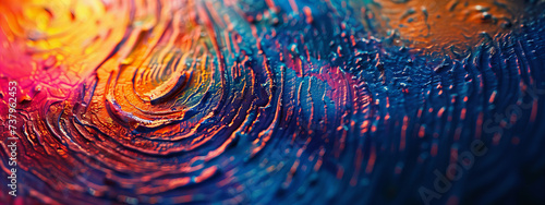 Close up detail of a vibrant colorful abstract fingerprint on textured background banner. Symbolizing exceptionality and uniqueness. © Denis