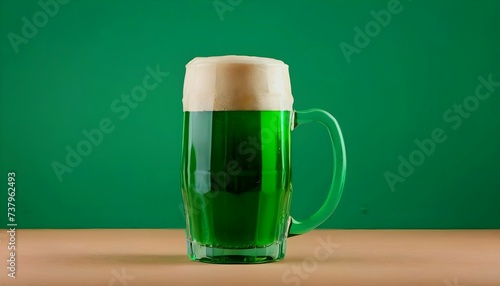 Patrick's day traditional green beer. creative mug on isolated blue on beige green background backdrop created with generative ai
