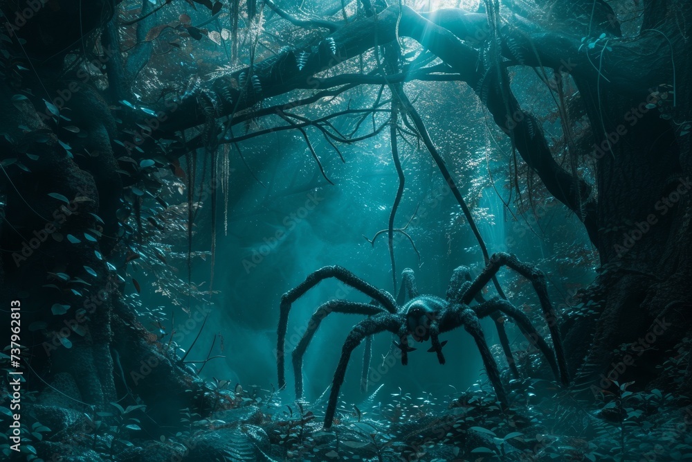 Giant spiders den in a dark corner of a fantasy forest - obrazy, fototapety, plakaty 