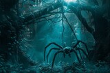 Giant spiders den in a dark corner of a fantasy forest