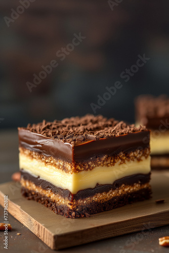 Nanaimo bars - traditional Canadian dessert with wafer crumbs, almond, walnut and cocoa layer, vanilla custard filling and chocolate topping. Canadian popular dish