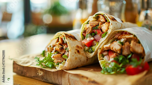 Wallpaper Mural Delicious chicken shawarma wraps with vegetables and garlic sauce on a wood cutting board in cafe setting. Healthy balanced meal Torontodigital.ca