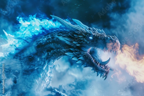 A dragon breathing blue flames and emerald breaking waves © Virtual Art Studio
