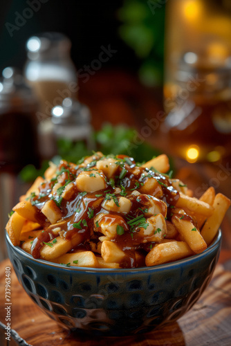 A bowl of poutine consist of French fries, cheese curds, and gravy. Canadian popular dish