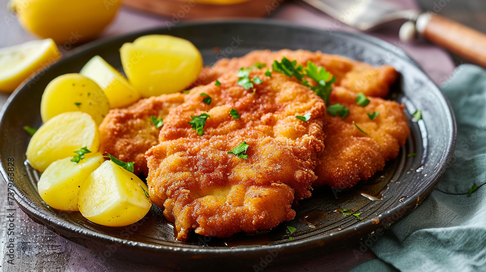 Delicious authentic breaded and deep-fried Wiener schnitzel served with lemon and boiled potatoes with parsley on a a plate