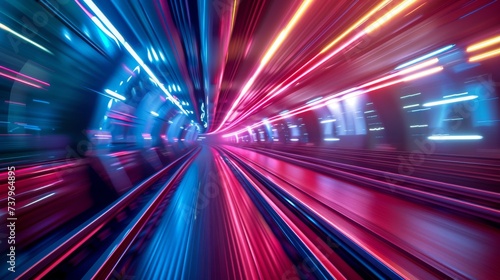 Design a futuristic train hurtling through a neon cityscape for a unique 3D illustration