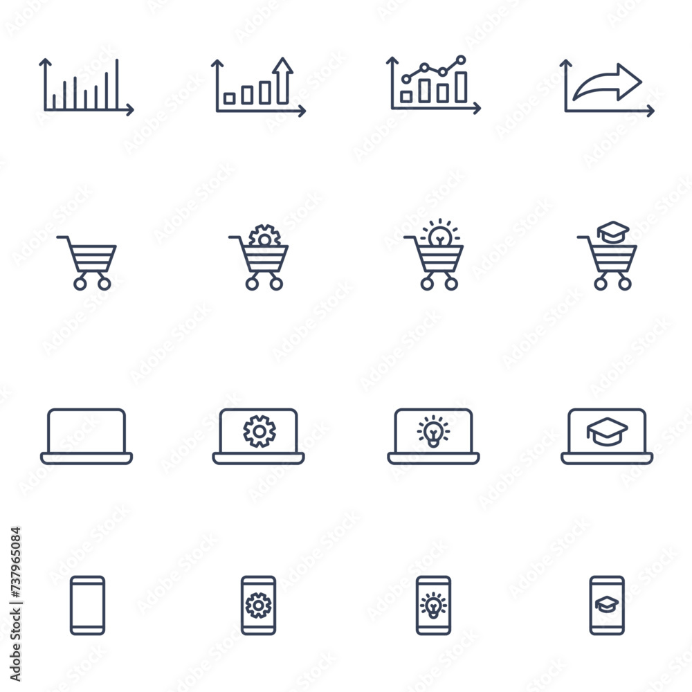 Ikony e-commerce z wykresami, koszykiem, laptopem oraz telefonem komórkowym. Wektor. Ikony e-commerce z wykresami, koszykiem, laptopem oraz telefonem komórkowym. Wektor.