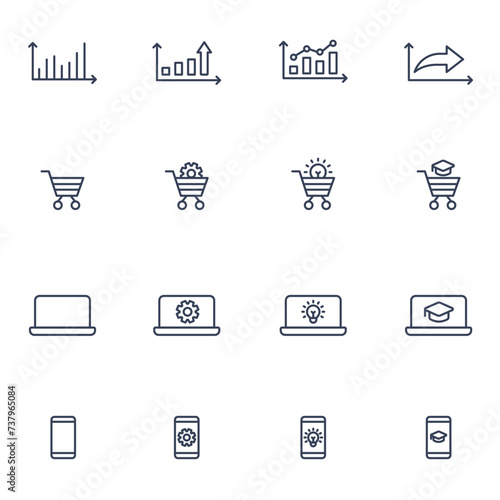 Ikony e-commerce z wykresami, koszykiem, laptopem oraz telefonem komórkowym. Wektor.