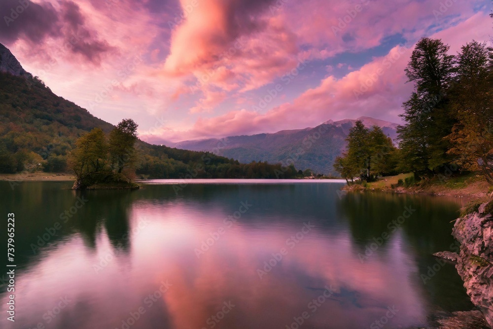 Beautiful pink cloudy sunset over a still mountain lake, dramatic colors photograph,