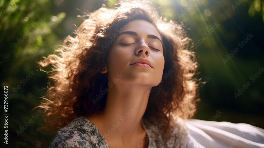 Calm happy free relaxed woman with closed eyes relaxed enjoys a beautiful moment life in the nature Calm happy free relaxed woman with closed eyes relaxed enjoys a beautiful moment life in the nature